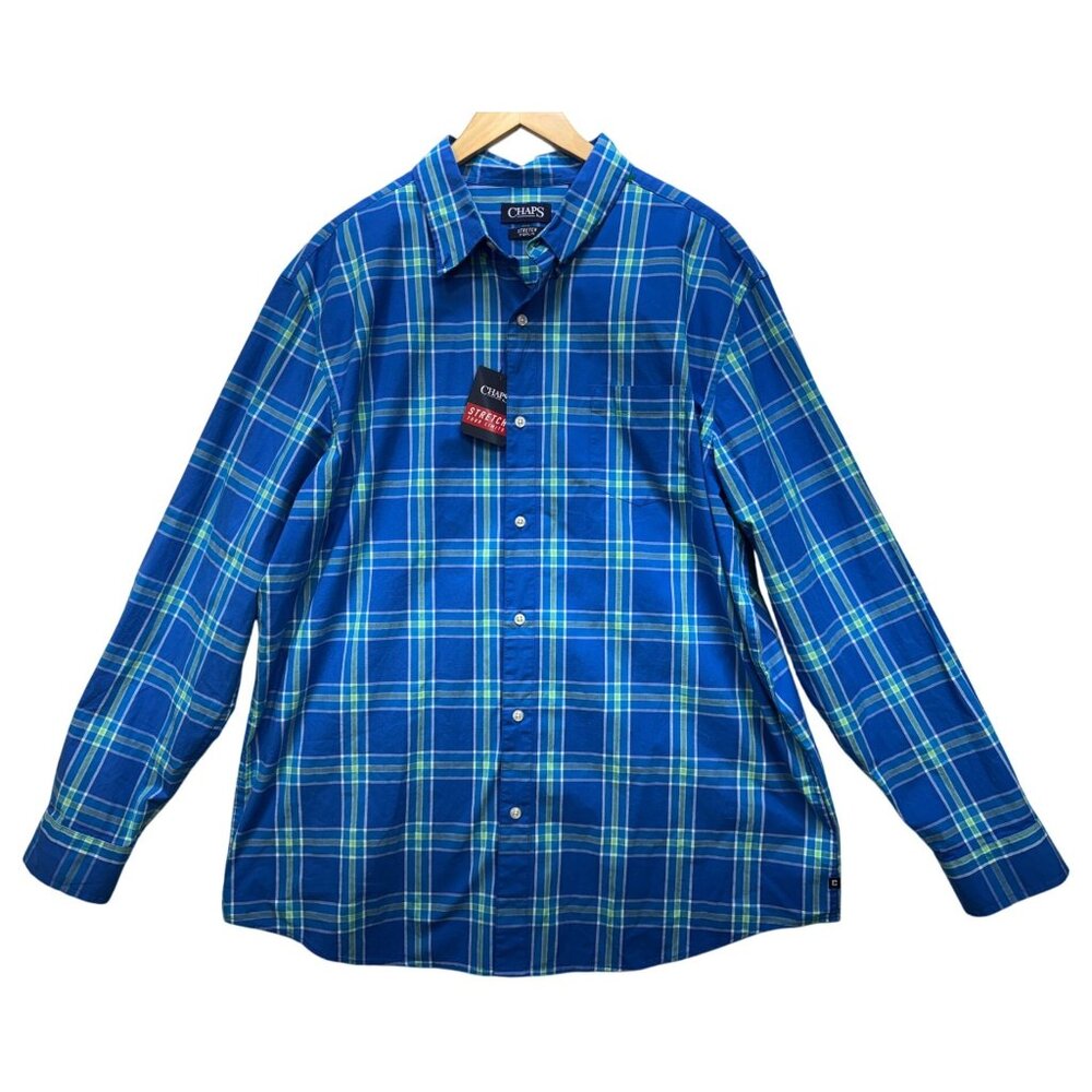 NWT Chaps Mens Button Up Shirt Size XXL Blue Plaid Long Sleeve Casual Classic
